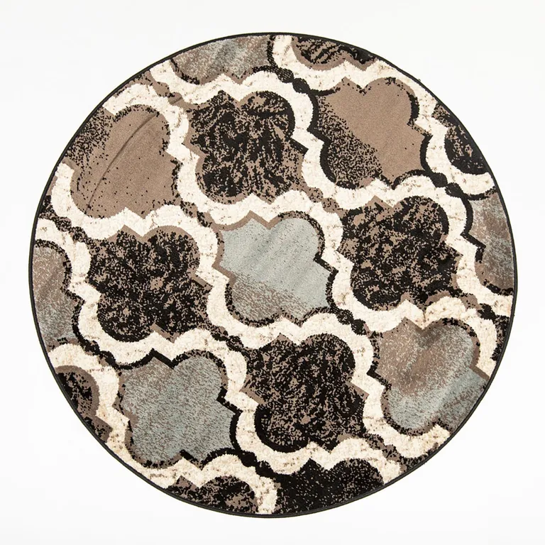 Chocolate Round Quatrefoil Power Loom Distressed Stain Resistant Area Rug Photo 1