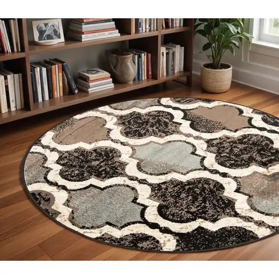 Chocolate Round Quatrefoil Power Loom Distressed Stain Resistant Area Rug Photo 1