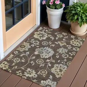 Photo of Chocolate Sky Blue And Artichoke Green Floral Washable Indoor Outdoor Area Rug