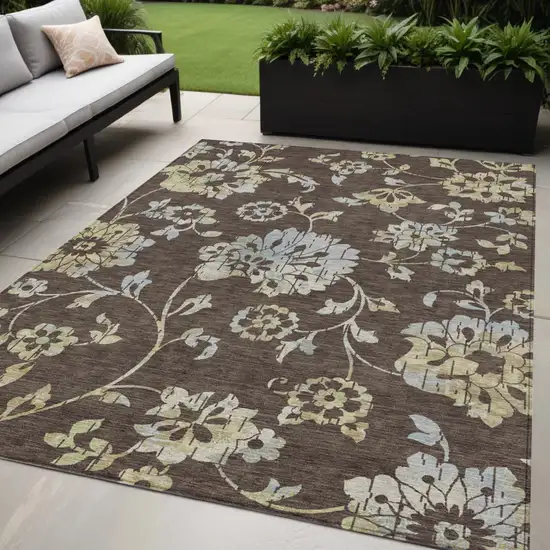 Chocolate Sky Blue And Artichoke Green Floral Washable Indoor Outdoor Area Rug Photo 1