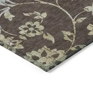 Photo of Chocolate Sky Blue And Artichoke Green Floral Washable Indoor Outdoor Area Rug