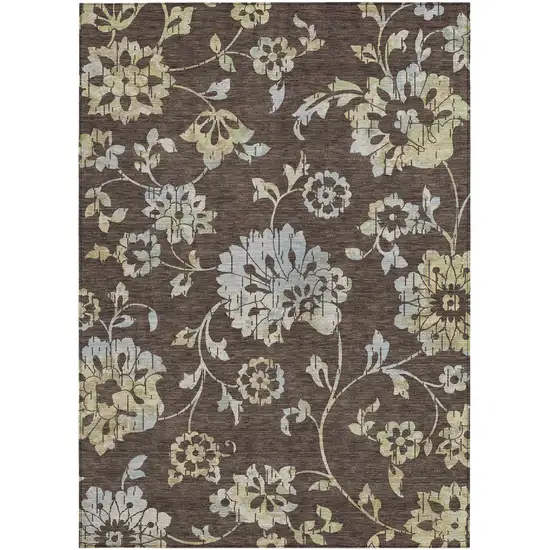 Chocolate Sky Blue And Artichoke Green Floral Washable Indoor Outdoor Area Rug Photo 7