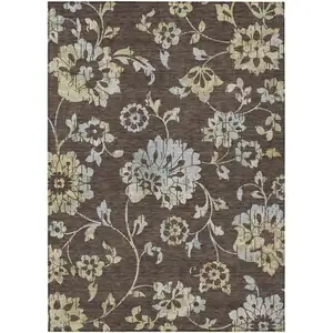 Photo of Chocolate Sky Blue And Artichoke Green Floral Washable Indoor Outdoor Area Rug