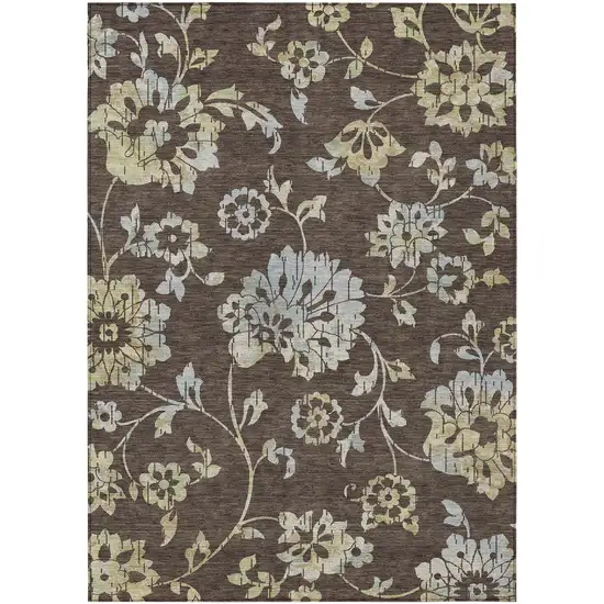 Chocolate Sky Blue And Artichoke Green Floral Washable Indoor Outdoor Area Rug Photo 2