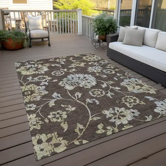 Chocolate Sky Blue And Artichoke Green Floral Washable Indoor Outdoor Area Rug Photo 8