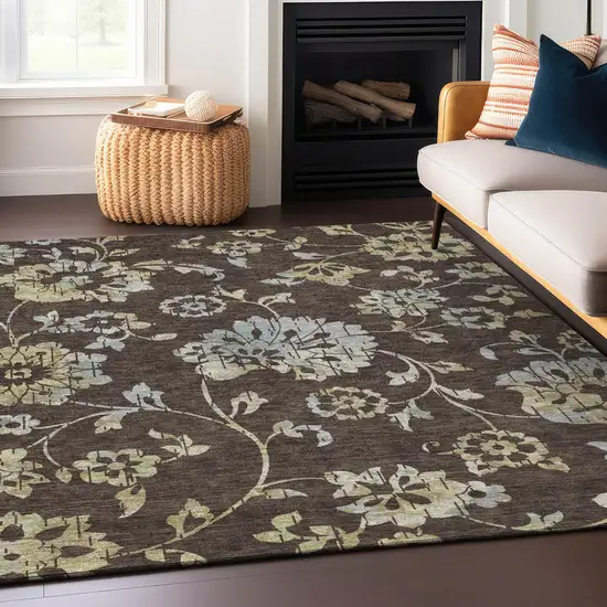 Chocolate Sky Blue And Artichoke Green Floral Washable Indoor Outdoor Area Rug Photo 9