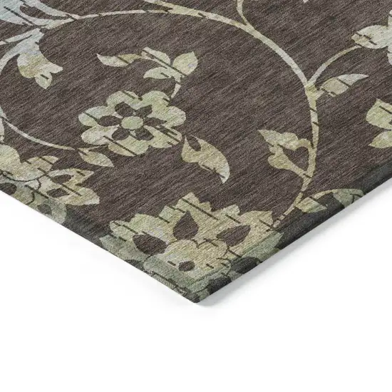 Chocolate Sky Blue And Artichoke Green Floral Washable Indoor Outdoor Area Rug Photo 4