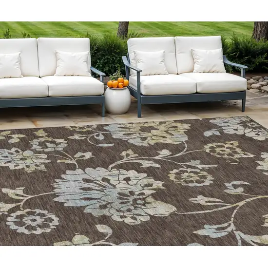 Chocolate Sky Blue And Artichoke Green Floral Washable Indoor Outdoor Area Rug Photo 1