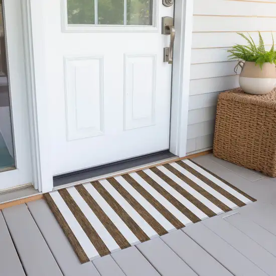 Chocolate Striped Washable Non Skid Indoor Outdoor Area Rug Photo 7