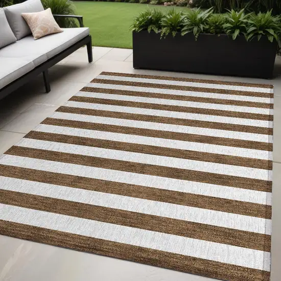 Chocolate Striped Washable Non Skid Indoor Outdoor Area Rug Photo 1