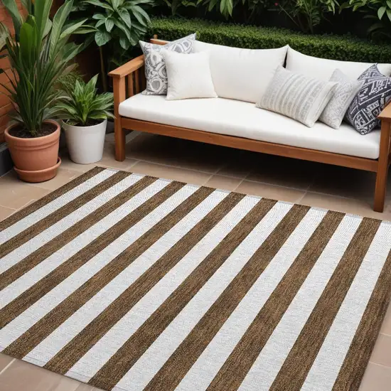 Chocolate Striped Washable Non Skid Indoor Outdoor Area Rug Photo 1