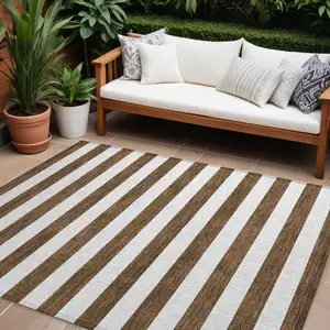 Photo of Chocolate Striped Washable Non Skid Indoor Outdoor Area Rug