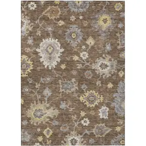 Photo of Chocolate Taupe And White Floral Washable Indoor Outdoor Area Rug