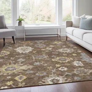 Photo of Chocolate Taupe And White Floral Washable Indoor Outdoor Area Rug