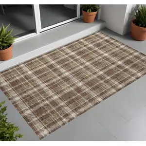 Photo of Chocolate and Ivory Plaid Washable Non Skid Indoor Outdoor Area Rug