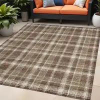 Photo of Chocolate and Ivory Plaid Washable Non Skid Indoor Outdoor Area Rug