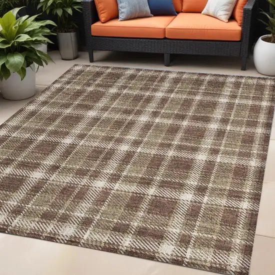 Chocolate and Ivory Plaid Washable Non Skid Indoor Outdoor Area Rug Photo 1