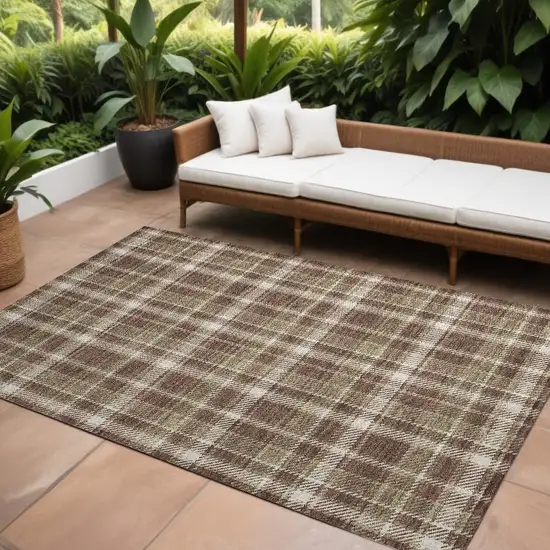 Chocolate and Ivory Plaid Washable Non Skid Indoor Outdoor Area Rug Photo 1