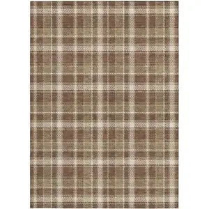 Photo of Chocolate and Ivory Plaid Washable Non Skid Indoor Outdoor Area Rug