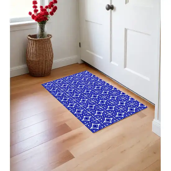 Cobalt Blue And White Geometric Washable Non Skid Area Rug Photo 1