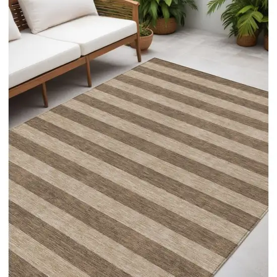 Coffee Striped Washable Indoor Outdoor Area Rug Photo 1