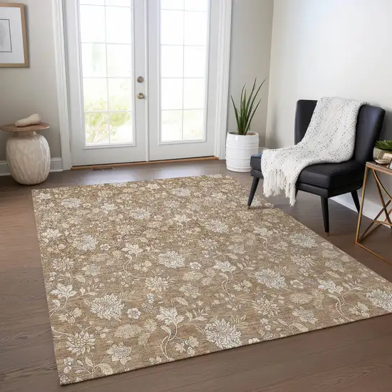 Copper And Beige Floral Washable Indoor Outdoor Area Rug Photo 9