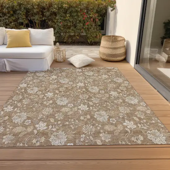 Copper And Beige Floral Washable Indoor Outdoor Area Rug Photo 8