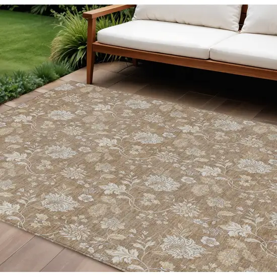 Copper And Beige Floral Washable Indoor Outdoor Area Rug Photo 1