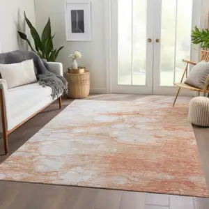 Photo of Copper Beige And Silver Abstract Washable Indoor Outdoor Area Rug