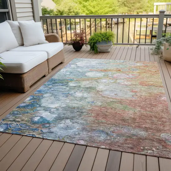 Copper Blue And Artichoke Green Abstract Washable Indoor Outdoor Area Rug Photo 7