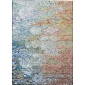 Photo of Copper Blue And Artichoke Green Abstract Washable Indoor Outdoor Area Rug