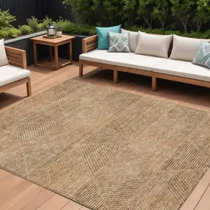 Photo of Copper Brown And Terra Cotta Geometric Washable Indoor Outdoor Area Rug