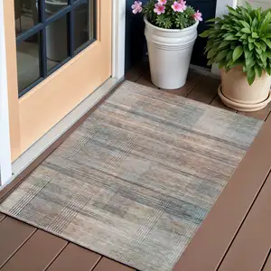 Photo of Copper Gray And Blue Striped Washable Indoor Outdoor Area Rug