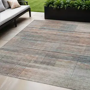 Photo of Copper Gray And Blue Striped Washable Indoor Outdoor Area Rug