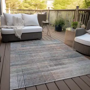 Photo of Copper Gray And Blue Striped Washable Indoor Outdoor Area Rug