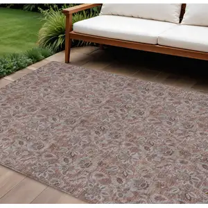 Photo of Copper Gray And Silver Floral Washable Indoor Outdoor Area Rug