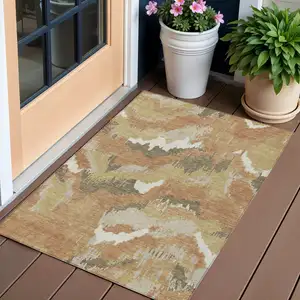 Photo of Copper Ivory And Brown Abstract Washable Indoor Outdoor Area Rug