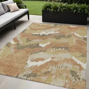 Photo of Copper Ivory And Brown Abstract Washable Indoor Outdoor Area Rug