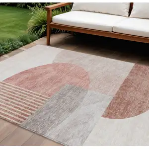 Photo of Copper Red And Gray Geometric Washable Indoor Outdoor Area Rug