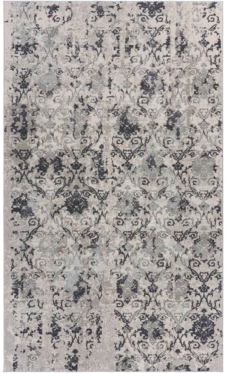 Cream And Gray Damask Stain Resistant Area Rug Photo 1