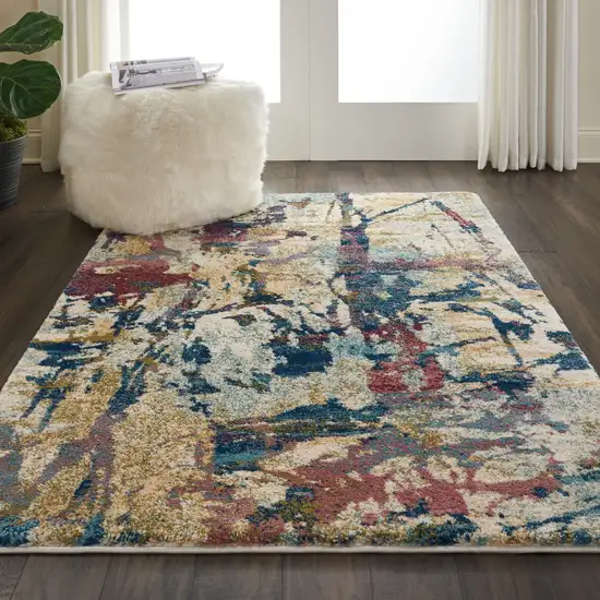 Cream Blue and Green Abstract Distressed Area Rug Photo 9