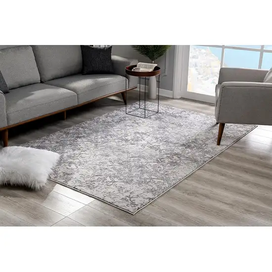 Cream Damask Power Loom Stain Resistant Area Rug Photo 7