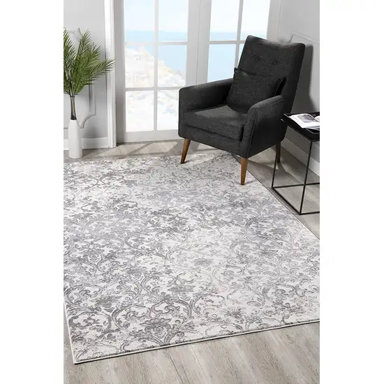 Cream Damask Power Loom Stain Resistant Area Rug Photo 6