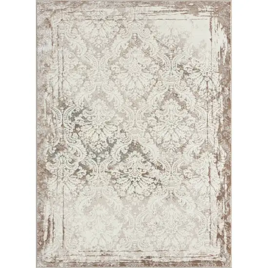 Cream Damask Stain Resistant Area Rug Photo 1