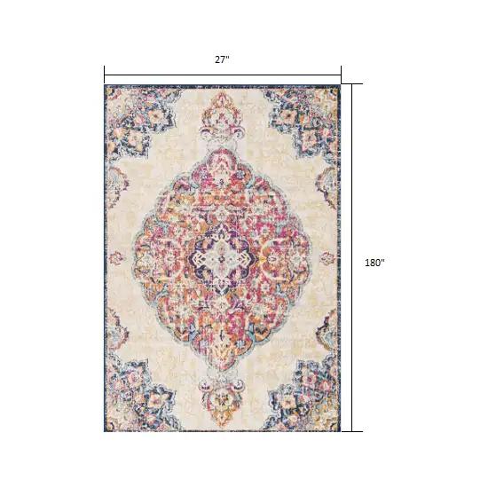 Cream Decorative Medallion Runner Rug Photo 1