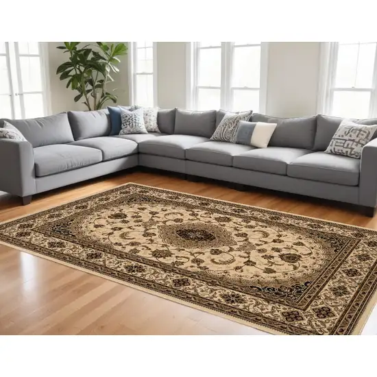 Beige and Black Floral Medallion Power Loom Area Rug Photo 2