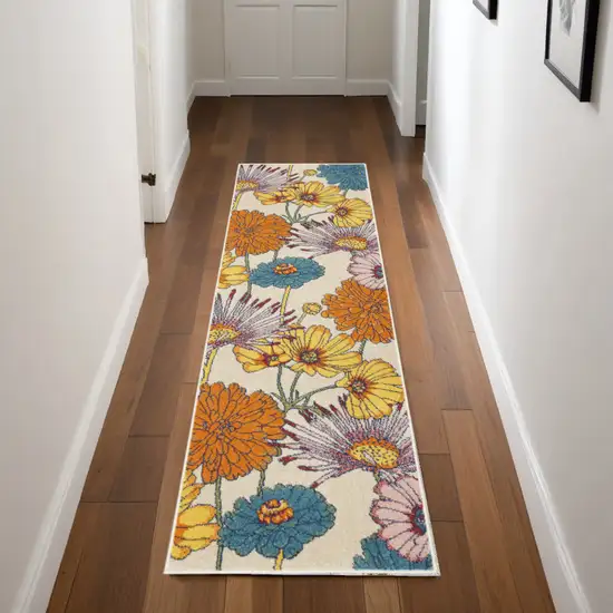 Cream Floral Power Loom Runner Rug Photo 1