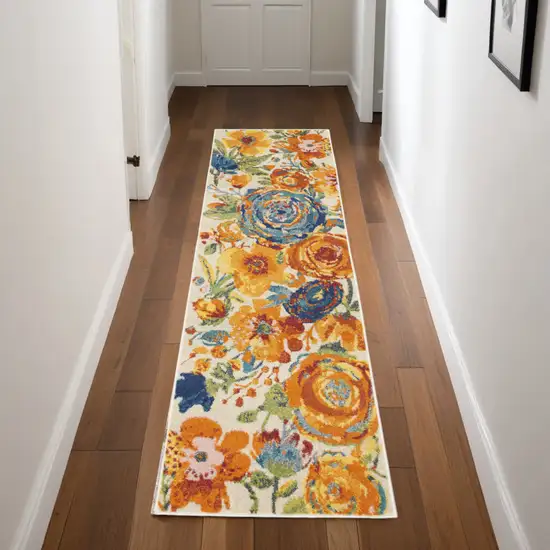 Cream Floral Power Loom Runner Rug Photo 1