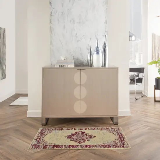 Cream Gray And Red Medallion Distressed Area Rug Photo 9