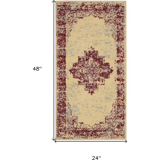 Cream Gray And Red Medallion Distressed Area Rug Photo 3